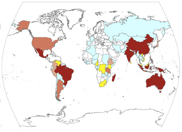 map showing levels of threatened global biodiversity