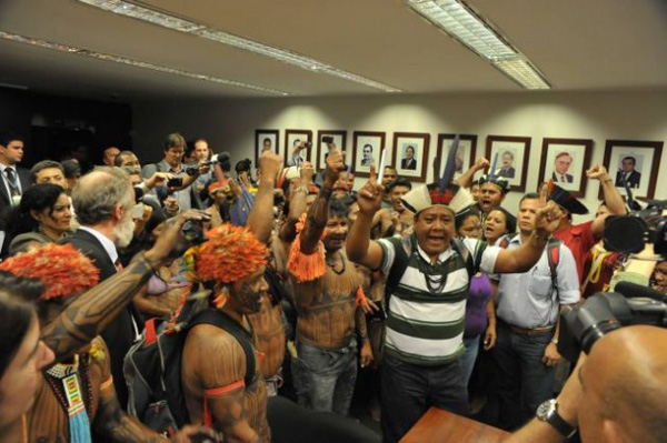 Mundurukú chiefs and warriors protest in Brazil’s lower house of Congress Tuesday Dec. 10, 2013. Photo courtesy of Luis Macedo/Acerv