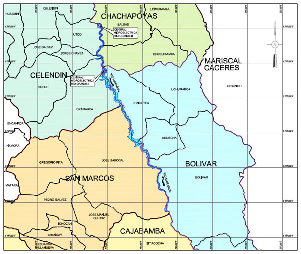 Map showing the proposed locations of the Rio Grande 1 and 2 dams and the area that would be flooded. Credit: Odebrecht/Amec (Peru) S.A.